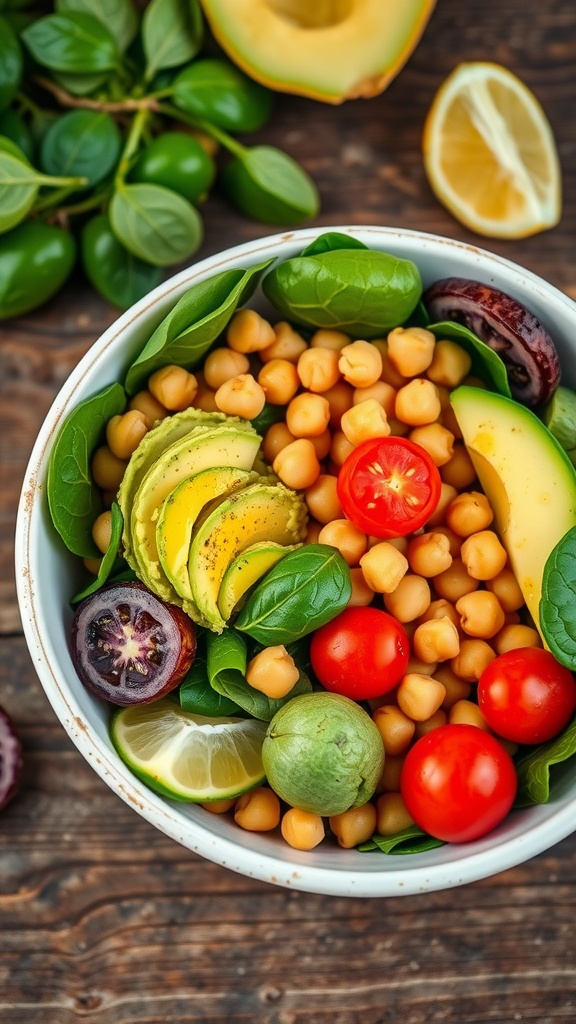 A colorful vegan salad bowl with chickpeas, avocado, tomatoes, and spinach on a wooden table.